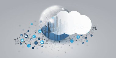 Fütürist Akıllı Şehir, Bulut Hesaplama Tasarımı 3 boyutlu Çokgen Ağ, Küme, Düğümler, Simgeler ve Beyaz Bulut - Aygıtlar Arasındaki Küresel Dijital Ağ Bağlantıları, Teknoloji Vektör Arkaplanı