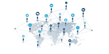 Modern Style Global Networks, Worldwide Business, IT Connections - Küresel Bağlı İnsanlar, Geometrik Poligonal Ağlar, Simgeler ve Dünya Haritası ile Sosyal Medya Tasarımı - İzole edilmiş Vektör Şablonu