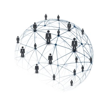 Dijital Ağ, IT, Global Business Connections - Takım Çalışması veya Sosyal Medya Tasarımı, Bağlı İnsanlar ve Saydam Çokgen Küre, Ağ Ağı - Beyaz Arkaplan 'da İzole Edilmiş Web Şablonu