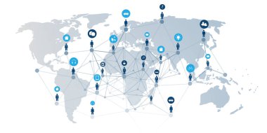 Modern Style Global Networks, Worldwide Business, IT Connections - Küresel Bağlı İnsanlar, Geometrik Poligonal Ağlar, Simgeler ve Dünya Haritası ile Sosyal Medya Tasarımı - İzole edilmiş Vektör Şablonu