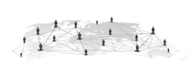 Siyah ve Beyaz Ağ, İş ya da Sosyal Medya Bağlantıları Dünya Haritası Tasarımı ve İzole Beyaz Arkaplan Poligonal Ağ Tasarımı - Gri İş Adamları Poligonal Ağ Bağlı Şekiller