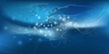 Soyut Koyu Mavi Modern Modası Geleceğin Teknolojisi, Küresel Ağ Yapısı, Telekomünikasyon Tasarımı Şeffaf Dalgalı Geometrik Ağ ve Dünya Haritası - Vektör Resimleri