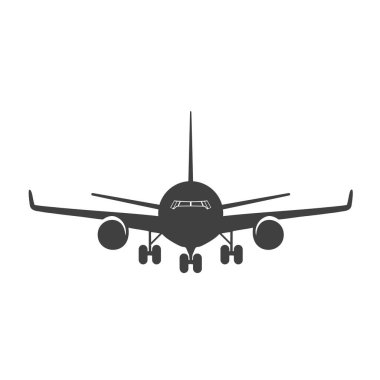 Siyah Yolcu Uçağı Silueti, Ön Görünüm - Basit Sembol veya Simge Tasarımı, Beyaz Arkaplanda İzole Edildi