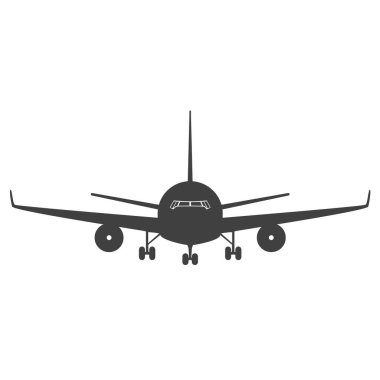 Siyah Yolcu Uçağı Silueti, Ön Görünüm - Basit Sembol veya Simge Tasarımı, Beyaz Arkaplanda İzole Edildi
