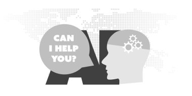 Siyah ve Beyaz Makine Öğrenme, Yapay Zeka, Sohbet Robotu, Bulut Hesaplama ve Ağ Tasarımı AI Etiketli Tasarım, Dünya Haritası, Gear ve Konuşma Baloncuğu Diyen Robot Kafa?