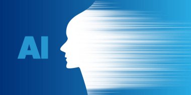 Mavi Makine Öğrenme, Robot Yüz Silueti ile Yapay Zeka Tasarımı Konsepti - AI Etiketi, Sembol, Parlak Hareket Görüntü Temsilcisi Modern Bilgisayar ile Hızlı Pas ve Problem Çözme