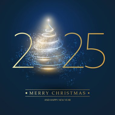 Dark Christmas and New Year Card Background Design with Glowing Christmas Tree Shape, Snow, Snowflakes and Golden Numerals - Illustration in Editable Vector Format - 2025 clipart