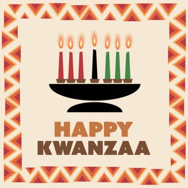 Renkli Mutlu Kwanzaa Kutlama Kartı Yanan Mumlar - Vektör Tasarımı, Geleneksel Desenler ve Renkler Şablonu: Kırmızı, Yeşil ve Siyah