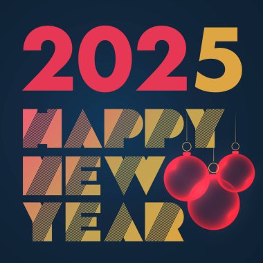 Zarif Retro Stili Sanat-Deko Biçimi 'Mutlu Yeni Yıl 2025 Altın ve Kırmızı Çizgili Altınla Kutlama Kartı Koyu Mavi Arkaplan ve Şenlikli Kırmızı Noel Süslemeleri