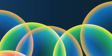 Soyut Arkaplan, Başlık veya Sancak Tasarımı Büyük Altın, Yeşil, Sarı ve Mavi Üstüste konan Küre, Kabarcık Düzeni - Düzenlenebilir Vektör Biçiminde Web için Çok Amaçlı Geniş Ölçeklendirme Şablonu