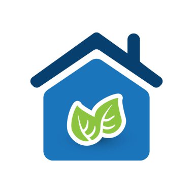Eco House, Akıllı Yeşil Ev Tasarımı - Yeşil Yapraklı Mavi Ev Simgesi İzole edilmiş Beyaz Arkaplan