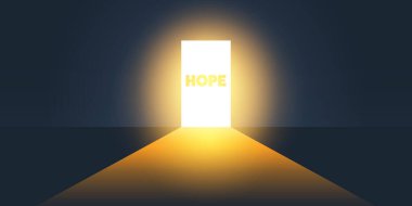 A doorway opens to a bright, light-filled space, with the word HOPE displayed. The contrast between the dark surroundings and the illuminated entrance evokes a sense of optimism and possibility.