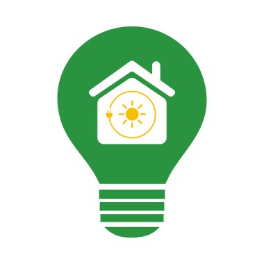 İçinde ev ve güneş olan bir ampul bulunan çevre dostu bir ev konsepti. Yeşil renk şeması ve sembolik tasarım sürdürülebilirlik, yenilenebilir enerji ve çevresel farkındalığı temsil etmektedir.