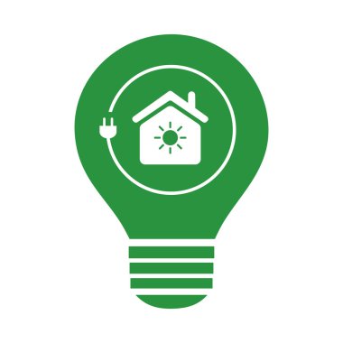 İçinde ev ve güneş olan bir ampul bulunan çevre dostu bir ev konsepti logosu. Yeşil renk şeması ve sembolik tasarım sürdürülebilirlik, yenilenebilir enerji ve çevresel farkındalığı temsil etmektedir.