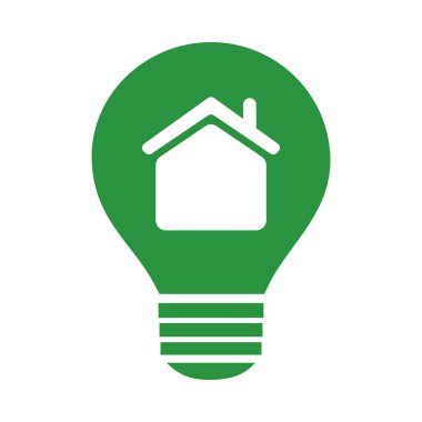 İçinde ev olan bir ampulün bulunduğu çevre dostu ev konsepti logosu. Yeşil renk şeması ve sembolik tasarım sürdürülebilirlik, yenilenebilir enerji ve çevresel farkındalığı temsil etmektedir.