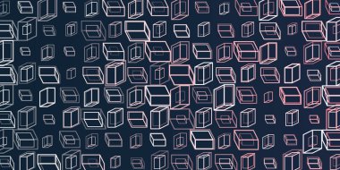 Koyu mavi bir arkaplanda mor, gri ve mavi renkli üç boyutlu küpler halinde tekrarlanan katmanlardan oluşan canlı bir soyut desen. Cesur geometrik tasarım ve zıt renkler çarpıcı bir modern görsel yaratıyor..