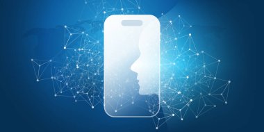 Yapay zekayı, makine öğrenmesini ve yüz tanımayı sembolize eden kavramsal bir mavi-beyaz görüntü. Bir insan kafası akıllı telefonla birleşir, dijital kimlik düğümleri ağıyla örtülür.