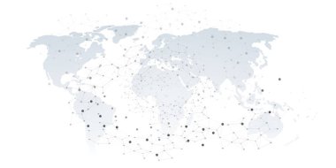 Küresel iletişim, veri akışı veya dijital bağlantıyı temsil eden birbirine bağlı düğüm ve çizgilerden oluşan bir dünya haritasını gösteren kavramsal bir vektör grafik tasarımı.