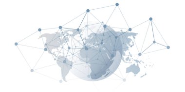 Gri dünya haritasının arka planında kıtaları birbirine bağlayan 3 boyutlu ağ noktaları ve çizgileri olan soyut gri küre. Küresel iletişim, veri transferi, internet ve küresel teknoloji için modern konsept.