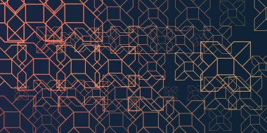 Karanlık bir zemin üzerinde sıcak, metalik tonlarda birbirine bağlı çizgilerin ve çokgenlerin karmaşık bir örüntüsünü içeren soyut geometrik bir arkaplan, teknoloji, lüks veya karmaşıklık ortaya koymaktadır..