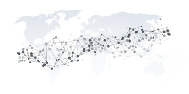 Çokgen ağ ızgarası olan biçimlendirilmiş bir dünya haritası, çizgilerle birbirine bağlı düğümler, küresel iletişimi, veri alışverişini ve dijital bağlantıyı sembolize ediyor.