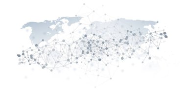 Çizgilerle birbirine bağlı, küresel iletişimi, veri alışverişini ve dijital bağlantıyı sembolize eden çokgen ağ bağlantıları yapısına sahip biçimlendirilmiş bir siyah-beyaz dünya haritası.