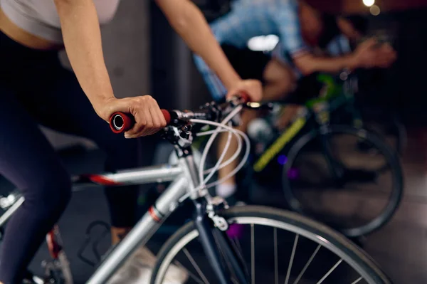Focus Woman Cycling Smart Stationary Bike Sportive People Enjoy Training — Stock Photo, Image