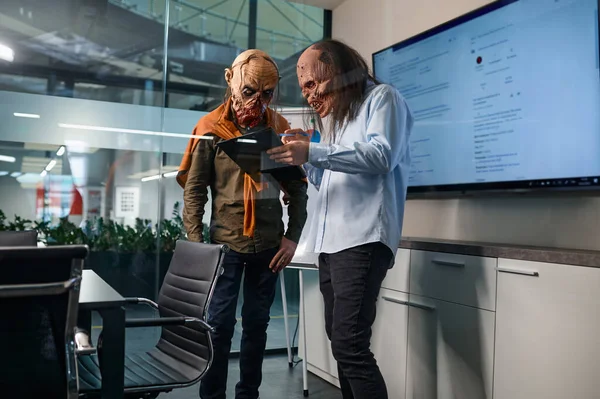 Two Zombie Monsters Discussing Tasks Conference Room Undead Workaholic Character — Stock Photo, Image