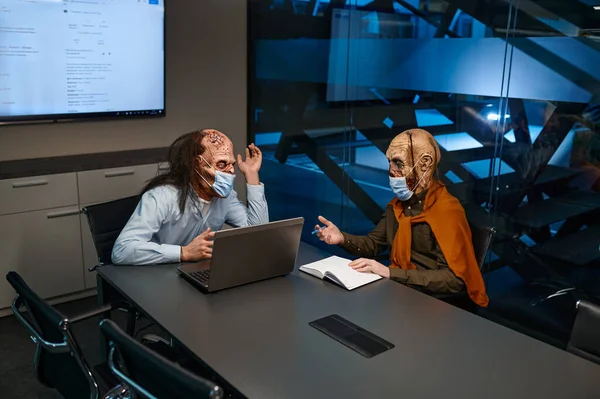Zombie Businessmen Wearing Face Mask Chatting Business Conference Work Meeting — Stock Photo, Image