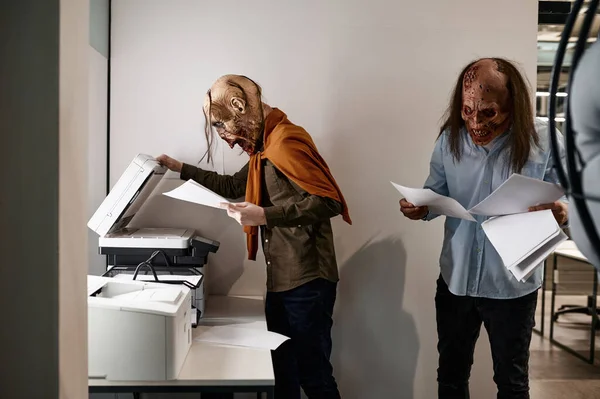 Zombies Copier Office Exhausted Workers Copying Paper Documents Using Printer — Stock Photo, Image