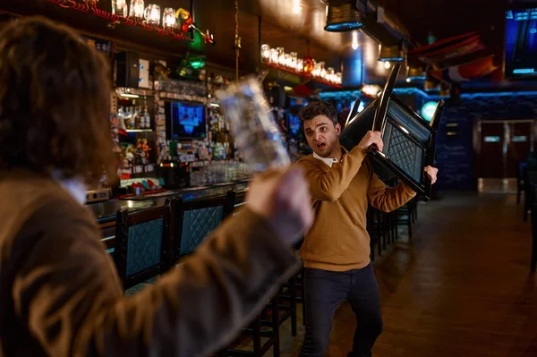Two Hooligan Football Fans Get Bar Fight Craze Mad People — Stock Photo, Image