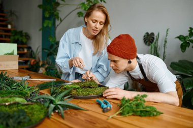 Çiçekçi kadın, genç hipster erkek dekoratörüne sanat atölyesinde yosun parçasını nasıl tabakta besteleyeceğini öğretiyor.