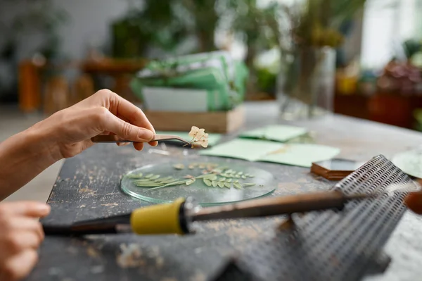 An artist making creative floral composition at craft workspace. Closeup view