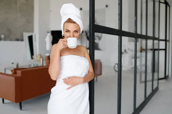 Portrait Young Woman Wrapped Towel Drinking Hot Tea Coffee Shower — Stock Photo, Image