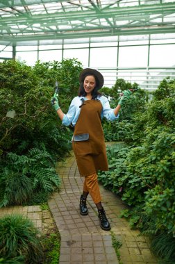 Happy young woman gardener florist in overalls posing for camera with garden tools over greenhouse lush foliage background