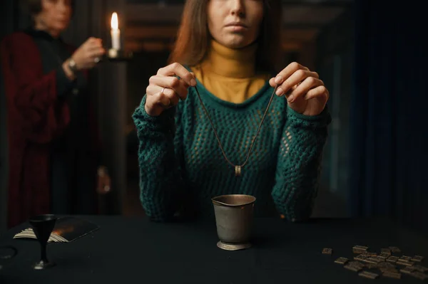Woman Making Divination Ring Mature Professional Gypsy Control Mystic Spiritual — Zdjęcie stockowe