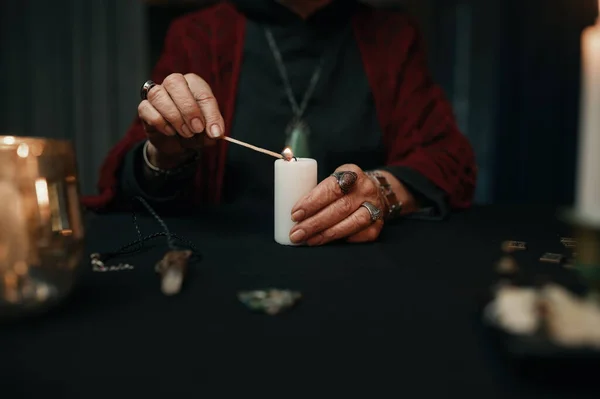 Closeup Hands Gypsy Fortune Teller Lights Candle Divination Session Future — Foto Stock