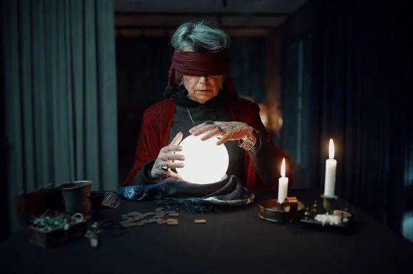 Blindfolded Fortune Teller Medium Using Glowing Crystal Ball Future Reading — Foto Stock