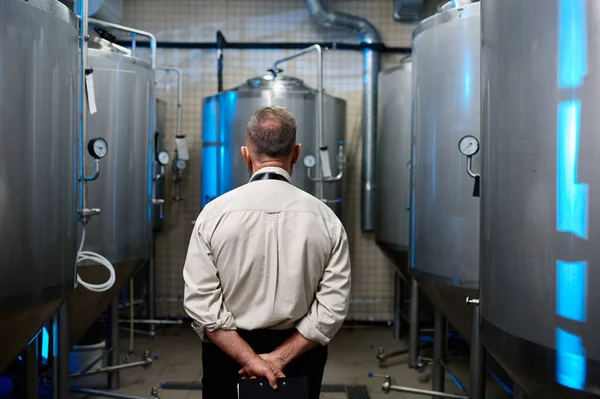 Visão Traseira Homem Cervejeiro Avental Entre Cubas Destilaria Fábrica Fabricação — Fotografia de Stock