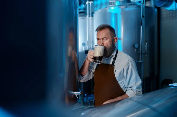 Mature Brewer Tasting Fresh Brewed Beer While Standing Front Metal — Stock Photo, Image