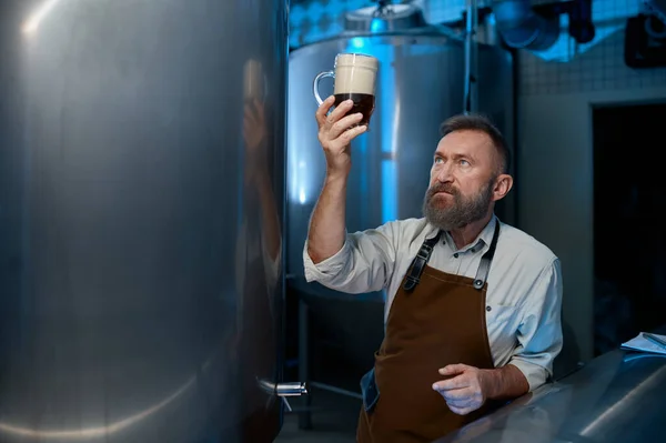 Bearded Senior Brewer Checking Beer Quality Brewing Technology Process Mature — Stok fotoğraf