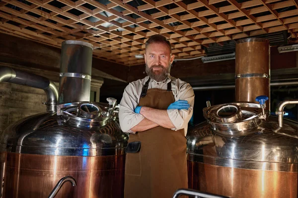 Portrait Serious Mature Brewer Wearing Apron Arms Crossed Senior Owner — Stock Photo, Image