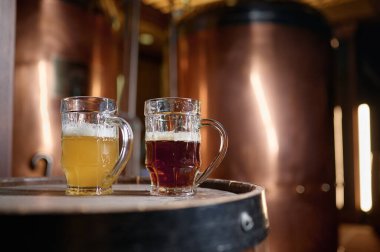 Freshly made craft light and dark beer in glass mug standing on barrel. Brewery concept, small business
