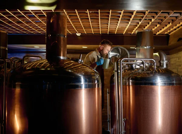 Copper Boil Kettle Distillery Tanks Craft Beer Brewery Male Brewer — Stok fotoğraf