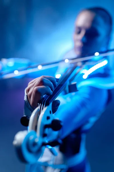 Woman Violinist Playing Electric Futuristic Violin Selective Focus Her Fingers — Stok fotoğraf