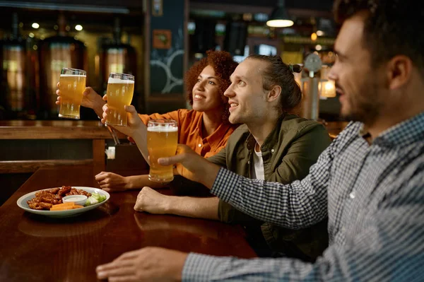 Cheerful Friends Drinking Draft Beer Bar Table Sports Pub Group — Stock Fotó