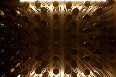Wine cellar interior with bottles of various wines on rack. Store of elite alcohol. Expensive drink assortment