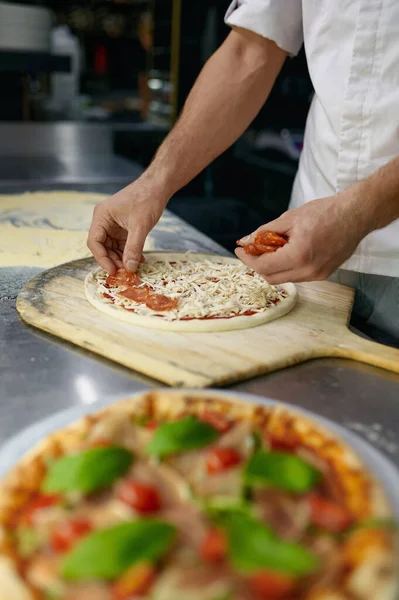 View Chef Hand Adding Cheese Pizza Base Sauce Man Pizzaiolo — Stock Photo, Image