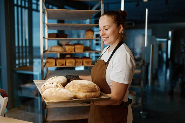 Красотка Пекарь Держит Разнообразие Хлеба Подносе Стоя Фоне Пекарни — стоковое фото