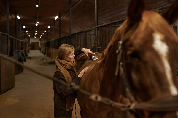 Ung Nöjd Kvinna Grooming Häst Med Hjälp Elektrisk Rakapparat Ranch — Stockfoto